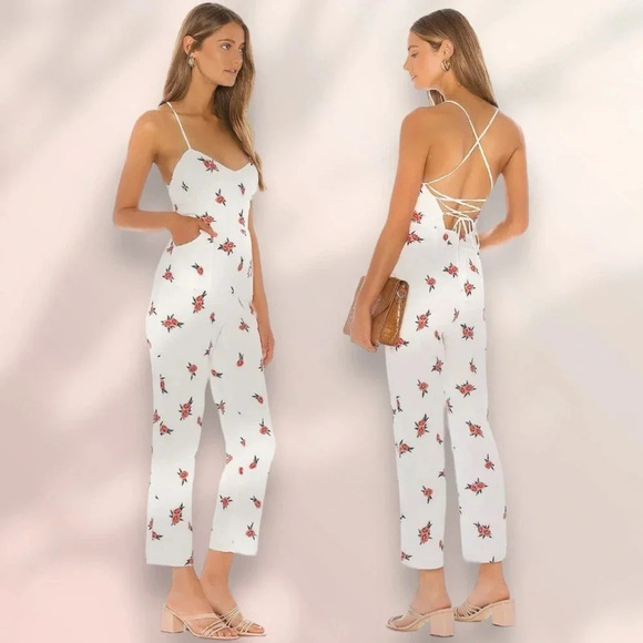 Lovers and Friends Floral Jumpsuit Lace up back White Rose Embroidered Size XS - Picture 2 of 10